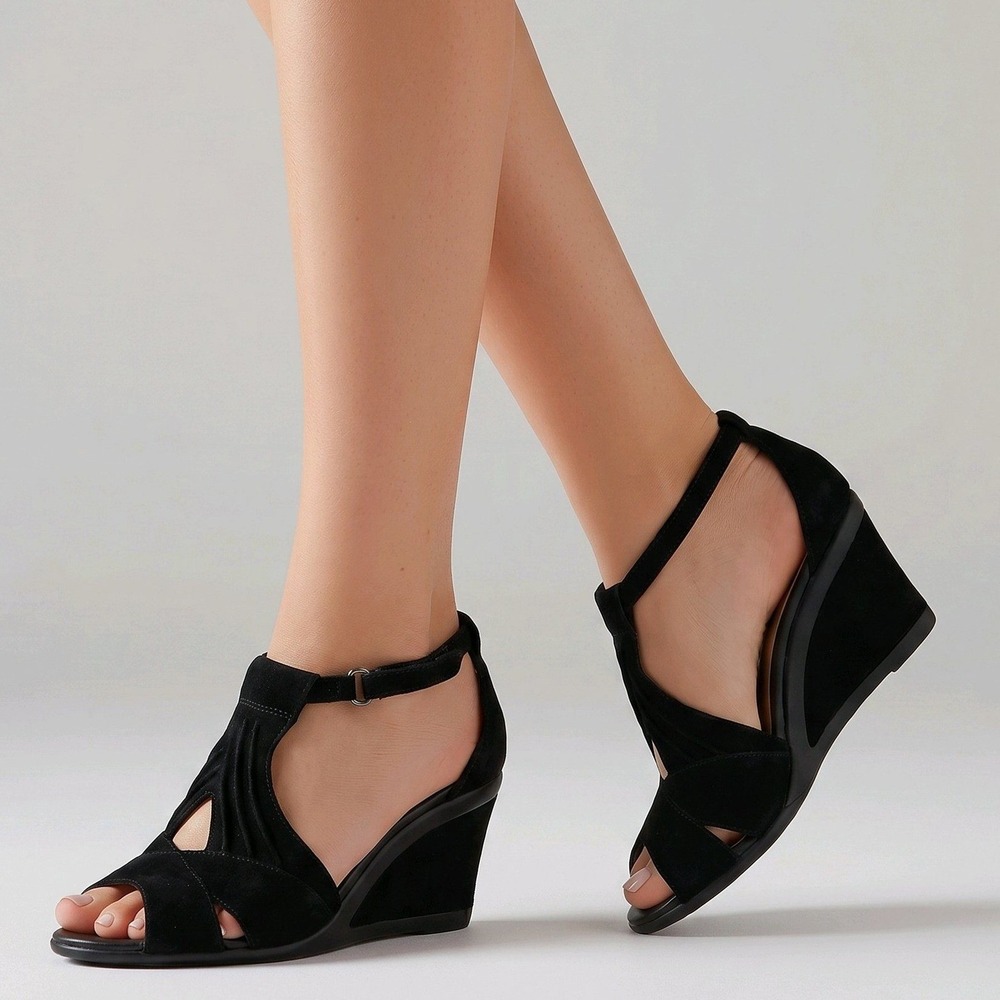 Earth Wedge Sandals Black Suede Curvet Peep Toe Comfort Ankle Strap 8.5